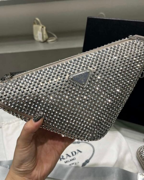 Replica Prada 1NE190 Crystal-studded satin pouch Gray