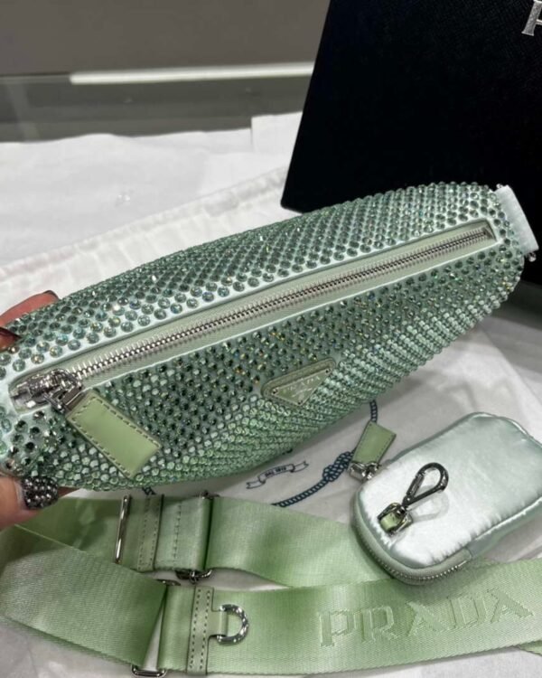 Replica Prada 1NE190 Crystal-studded satin pouch Green