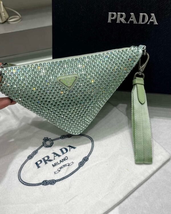 Replica Prada 1NE039 Crystal-studded satin pouch Green