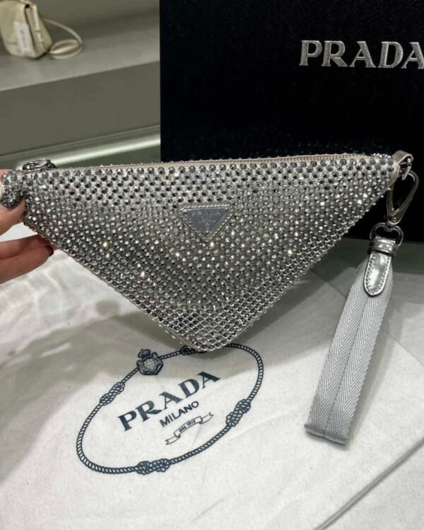 Replica Prada 1NE039 Crystal-studded satin pouch Gray