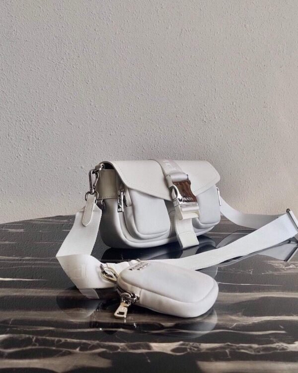 Replica Prada Pocket Nylon and Brushed Leather Bag 1BD295 White