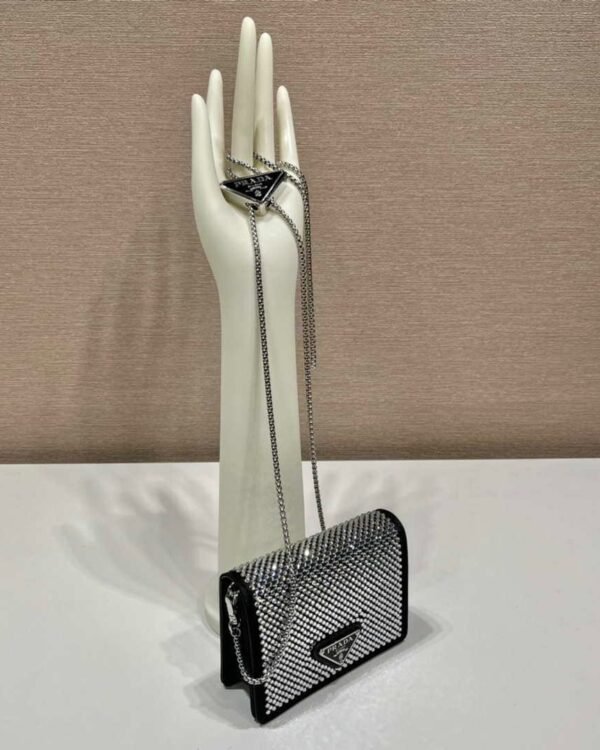 Replica Prada Crystal-studded card holder with shoulder strap 1MR024 Black Crystal